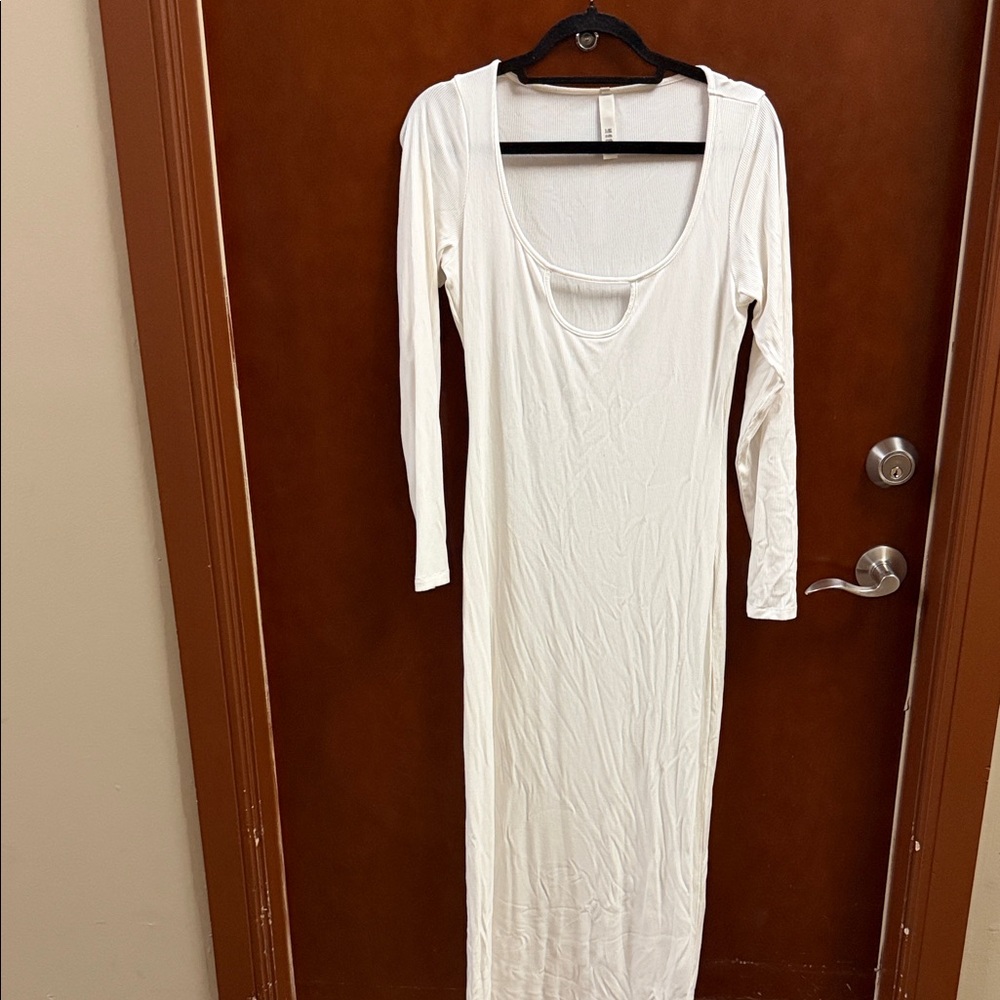 Skims White Long Sleeve Scoop Neck Maxi Dress